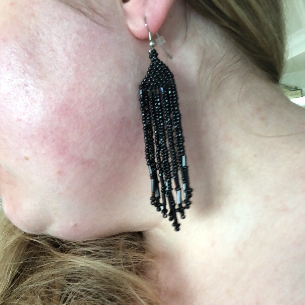 Stephan and Co. Native American style black beaded chandelier earrings.